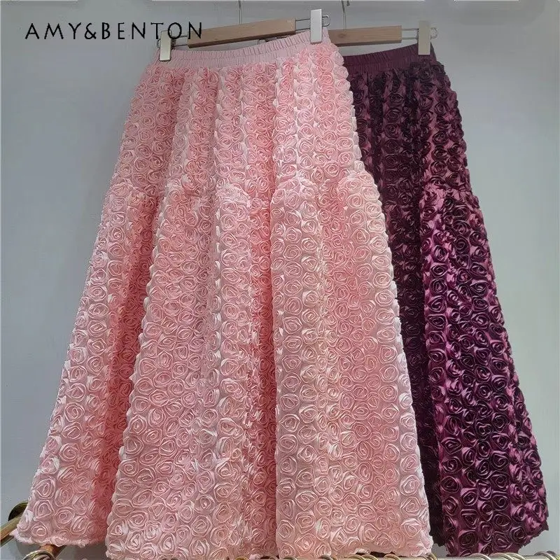 

New French Style Retro Three-Dimensional Floral Skirt For Women's Y2k Mid-Length Puffy Skirts High Waist Slimming Stylish Skirts