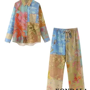 بدلة نسائية ربطة عنق صبغ طباعة بلوزة أحادية الصدر طويلة فضفاضة مستقيمة بنطلون بوهو خمر مجموعة أزياء جديدة صيف 2023 أفضل 12 مجموعة اجتماعية للمبيعات والبلوزات - No8