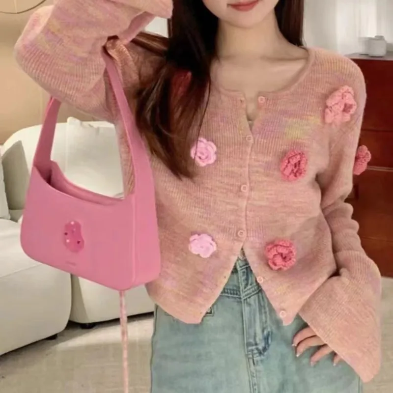 Colorful Flower Knitted Women\'s Spring Patchwork Round Neck Button Solid Color Flare Sleep Slimming Casual Long Sleeved Sweater