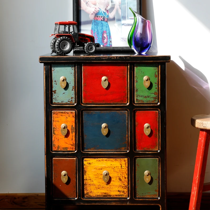 

Retro distressed solid wood nine bucket cabinet multifunctional foyer antique colored paint low edge cabinet