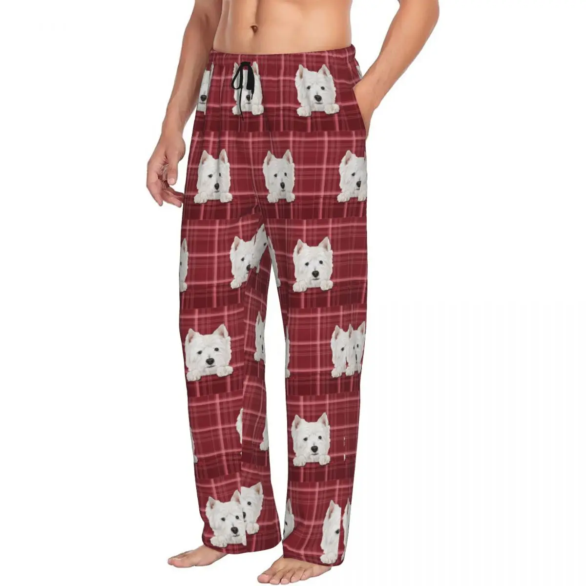 Custom Printed Men's West Highland White Terrier Dog Pajama Pants Westie Sleepwear Sleep Lounge Bottoms with Pockets