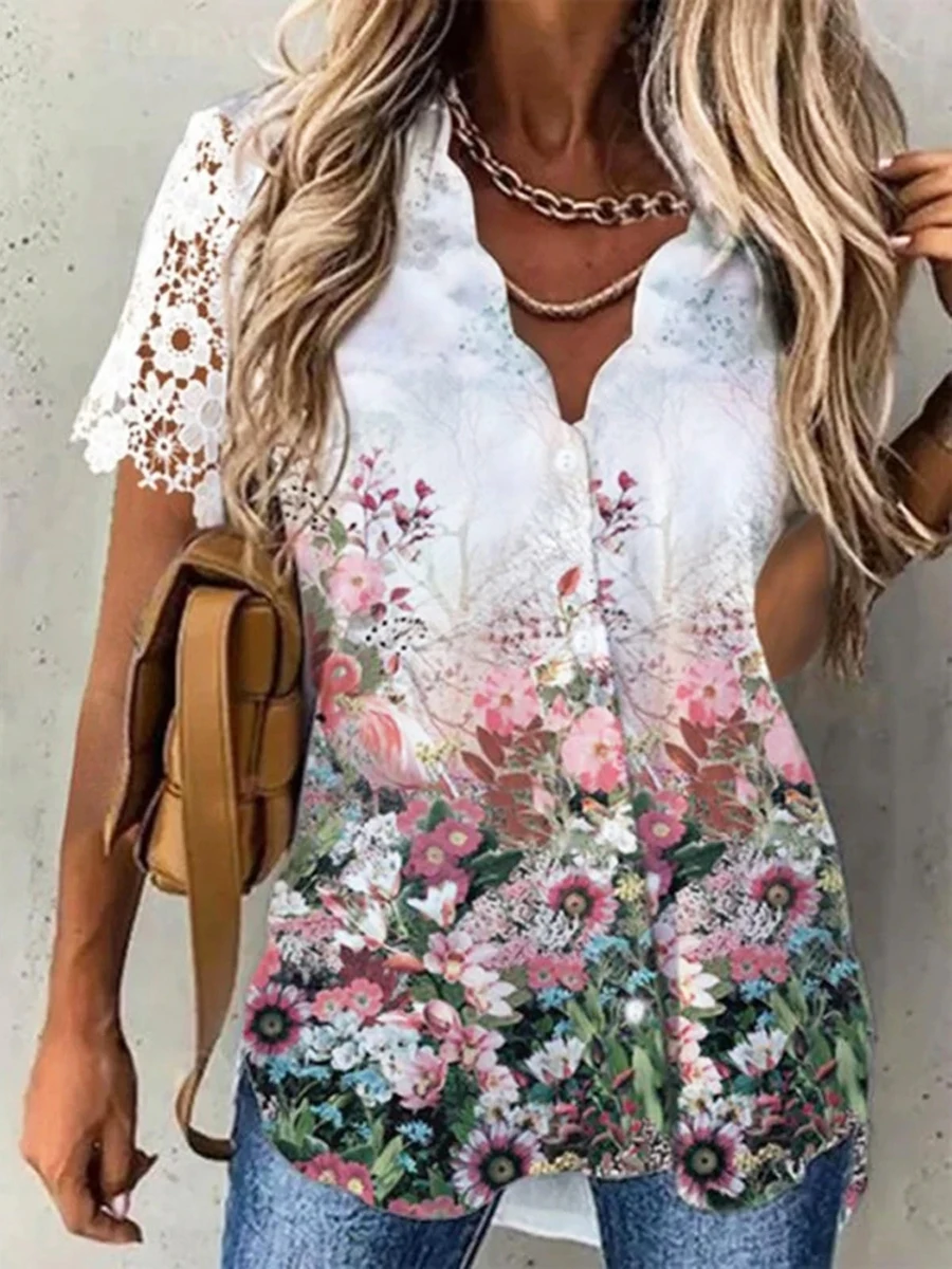 Elegant Blouse Fashion Short Sleeve Shirt Women Print V Neck Casual Top