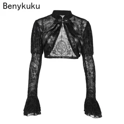 Lace Mesh Flared Long Sleeve Shrug Vintage Black See Through Cover-ups Coat Gothic Crop Top Sexy Y2K Goth Clothes Bolero Tops