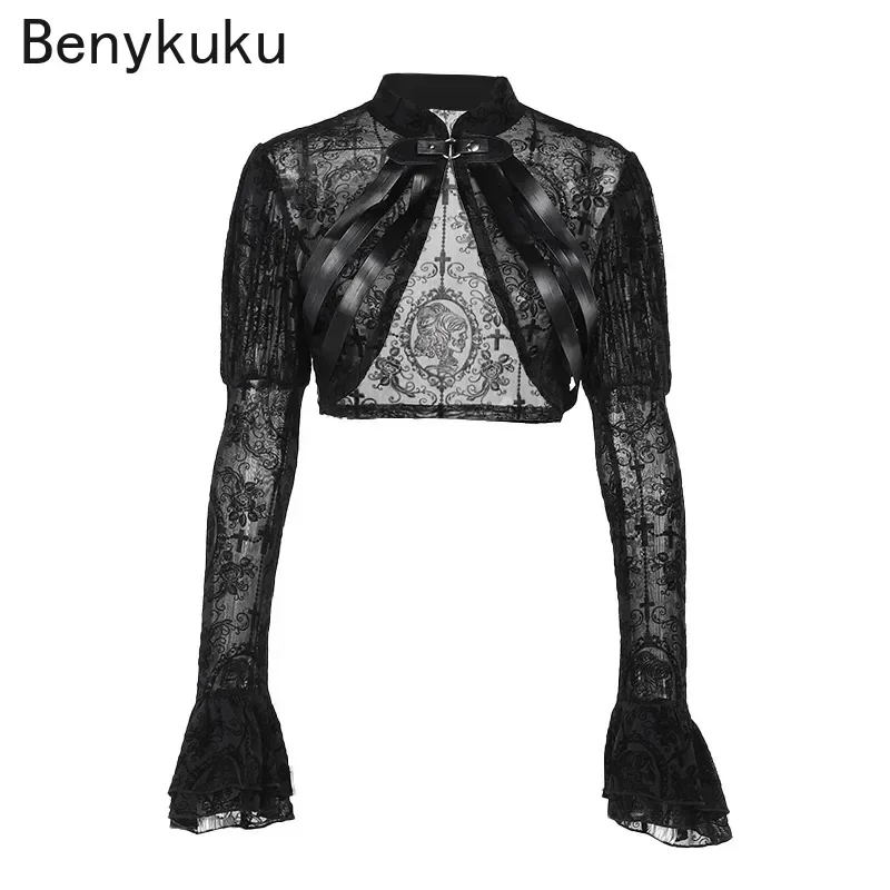 Lace Mesh Flared Long Sleeve Shrug Vintage Black See Through Cover-ups Coat Gothic Crop Top Sexy Y2K Goth Clothes Bolero Tops