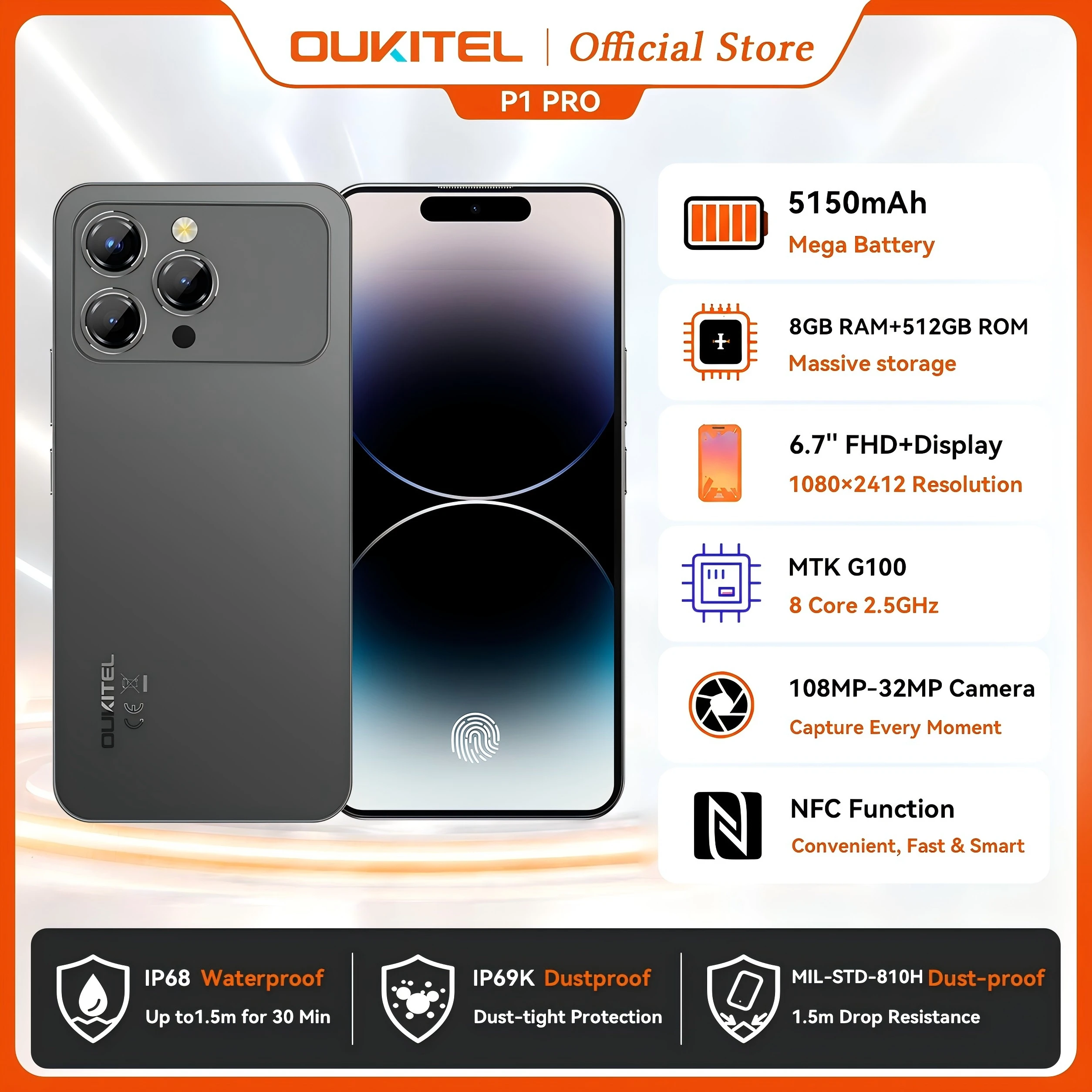 OUKITEL P1 PRO 6.7インチ FHD+ AMOLED 120Hz、5150mAhバッテリー、8.2