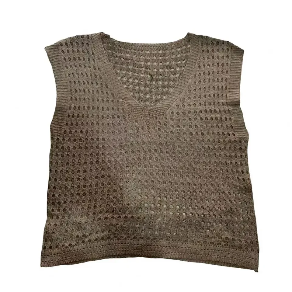 Loose Women's Sleeve Vest Summer 2026 Hollow Out Hem Base Irt Top Countryside Girl Breathable Vest See-through Vintage Clothing