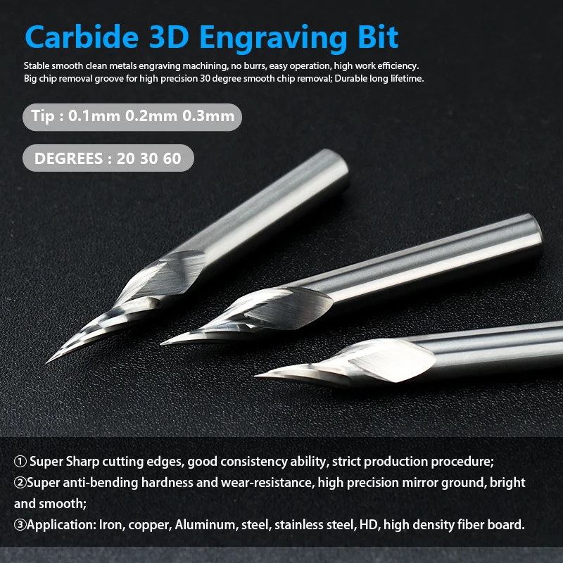 1pc V Shape Tip Carving Cutter 3.175-6.35mm Shank PCB 3D Engraving Bit 10/15/20/30/45/60/90 Degrees Tungsten Carbide Router Bit