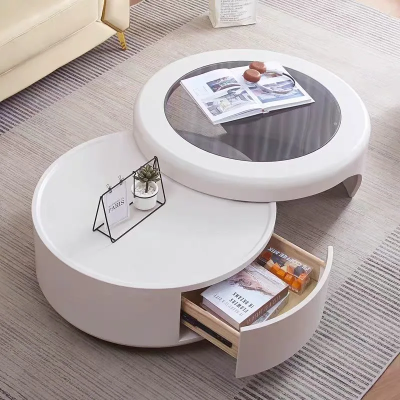 Cream wind size round coffee table combination small apartment household living room modern simple telescopic tempered