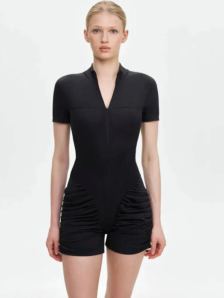 Fantoye Turtleneck Sporty Yoga Short Sleeve Zipper Women Playsuit High Waist Ruched Bodysuit Summer Bodycon Casual Playsuit New