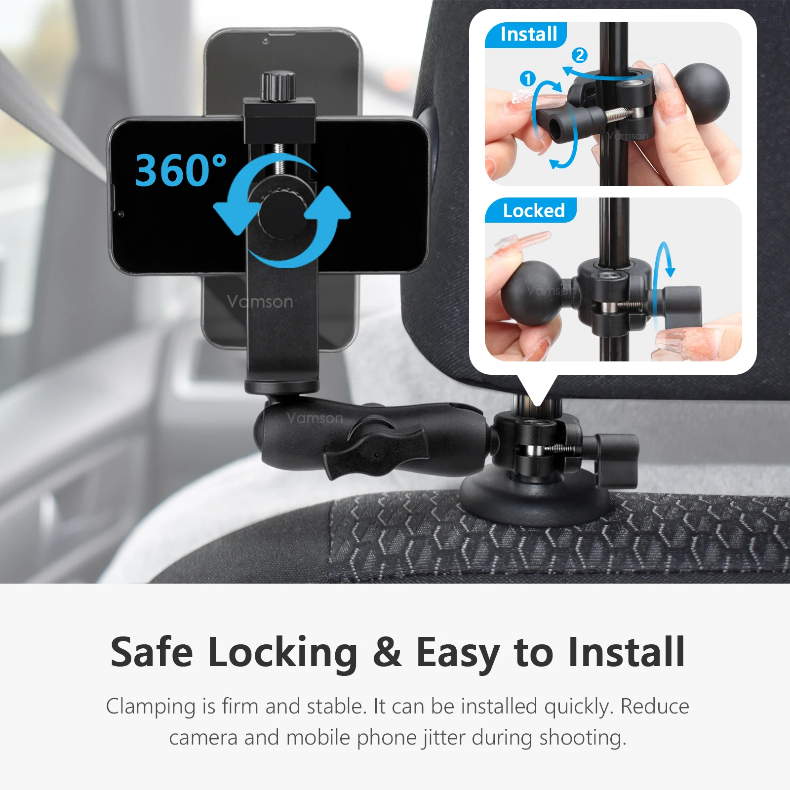 Vamson Car Phone Seat Mount Bracket Motorcycle Rearview Mirror Stand 360°Rotation Adjustment CellPhone Holder Clip Accessories