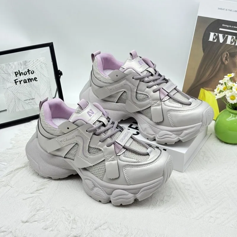 New Grey Lavender Lining Chunky Sneakers For Women Mesh Patch Height Increasing Anti Slip Rubber Sole Casual Dad Shoes