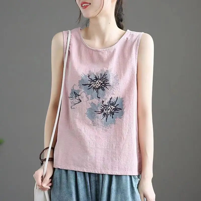 

Plus-size women's cotton linen vest, summer hot-selling commuting style loose printed pullover sleeveless T-shirt