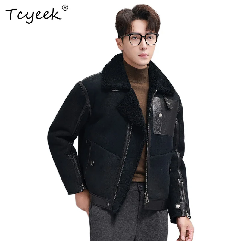 Tcyeek Natural Sheep Fur Coat Men Fashion Genuine Leather Motocycle Jacket Winter Clothes Lamb Wool Real Fur Coats Male Trendy