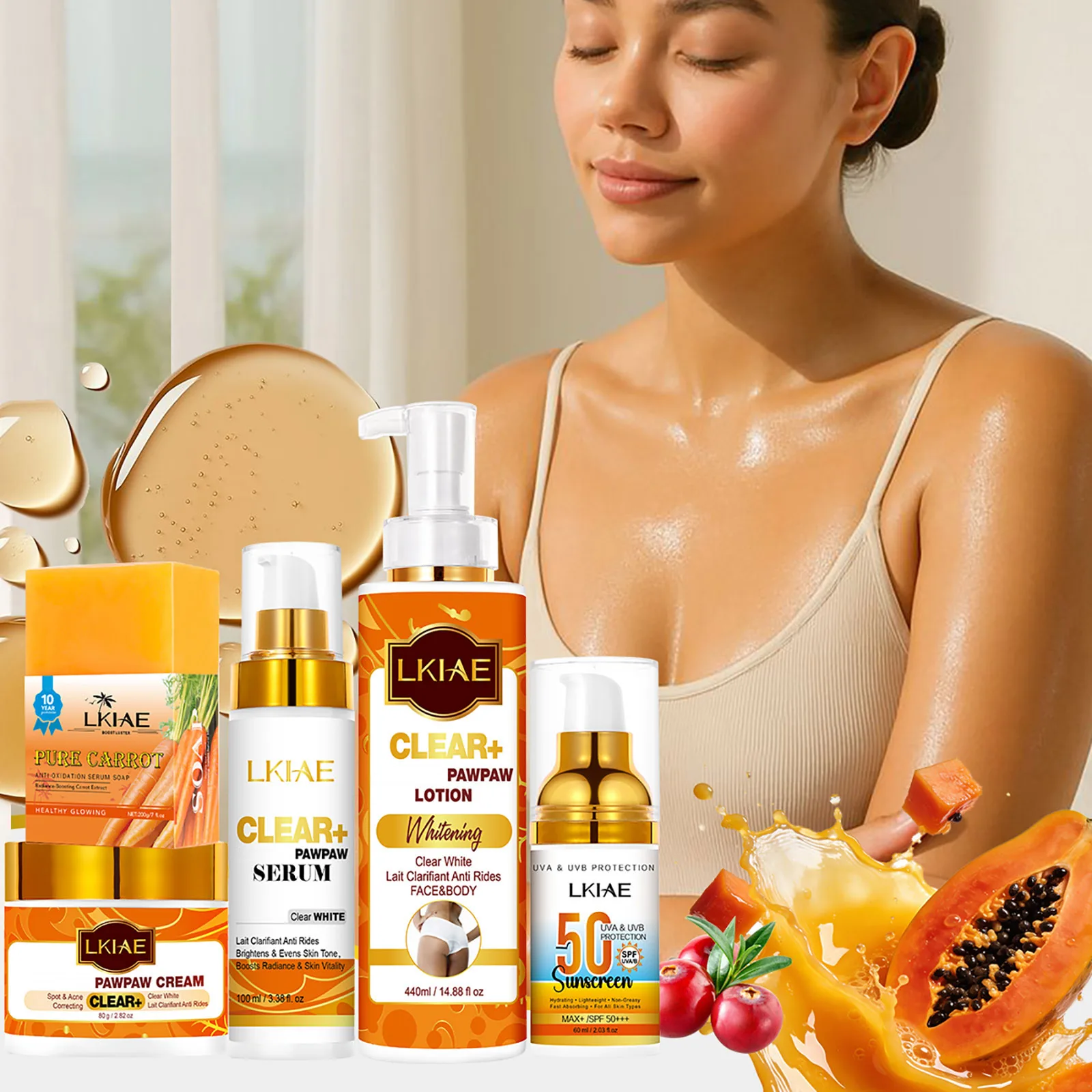 LKIAE Pawpaw Frauen-Aufhellungsset, mit Vitamin C, natürlicher Karotte, entfernt dunkle Flecken, Melanin, Hautfeuchtigkeitspflege, glättet die Haut