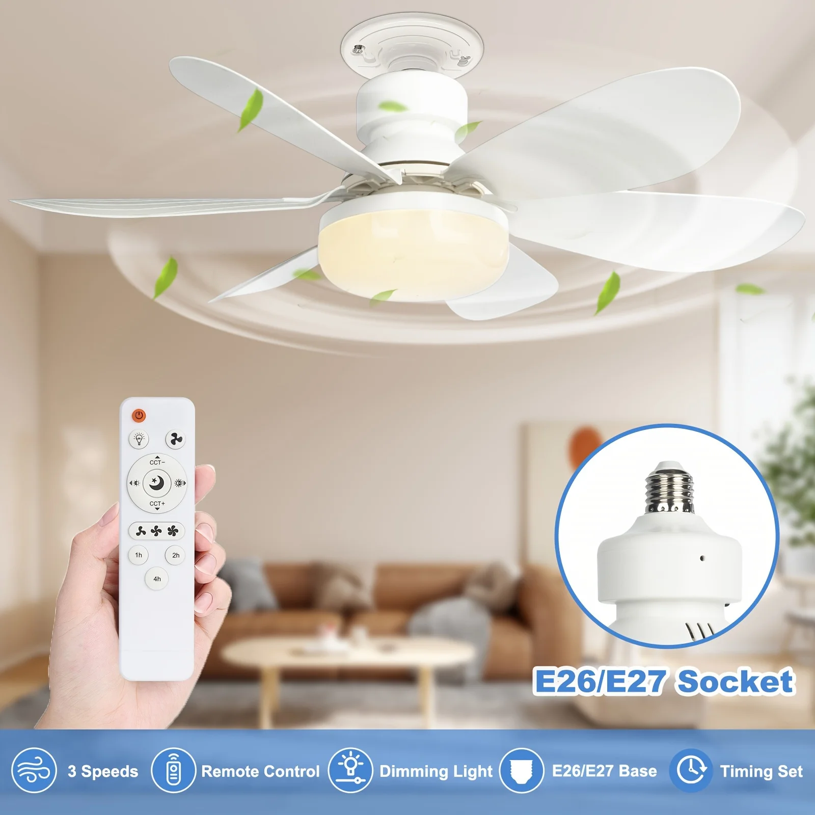 40W Socket Fan Light, 20.5" Screw Ceiling Fan with lamp and Remote, E27 Electric Fan with LED for Bedroom, Kitchen image 2