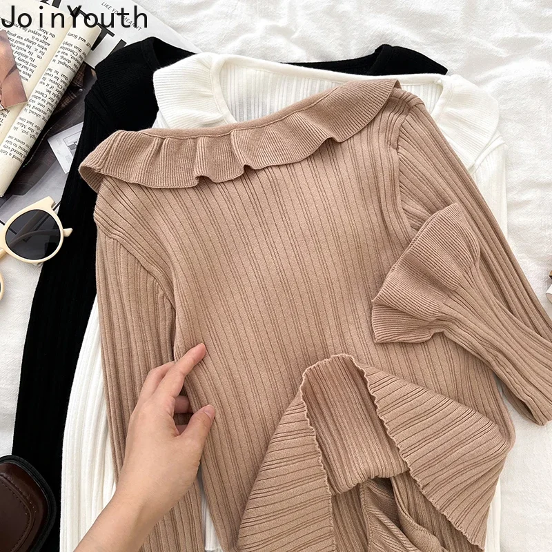 Temperament Sueter Mujer Cardigan Coat Wome's Clothing V-neck Ruffles Tunic Long Sleeve Pull Femme Sweet Knitted Sweater Tops