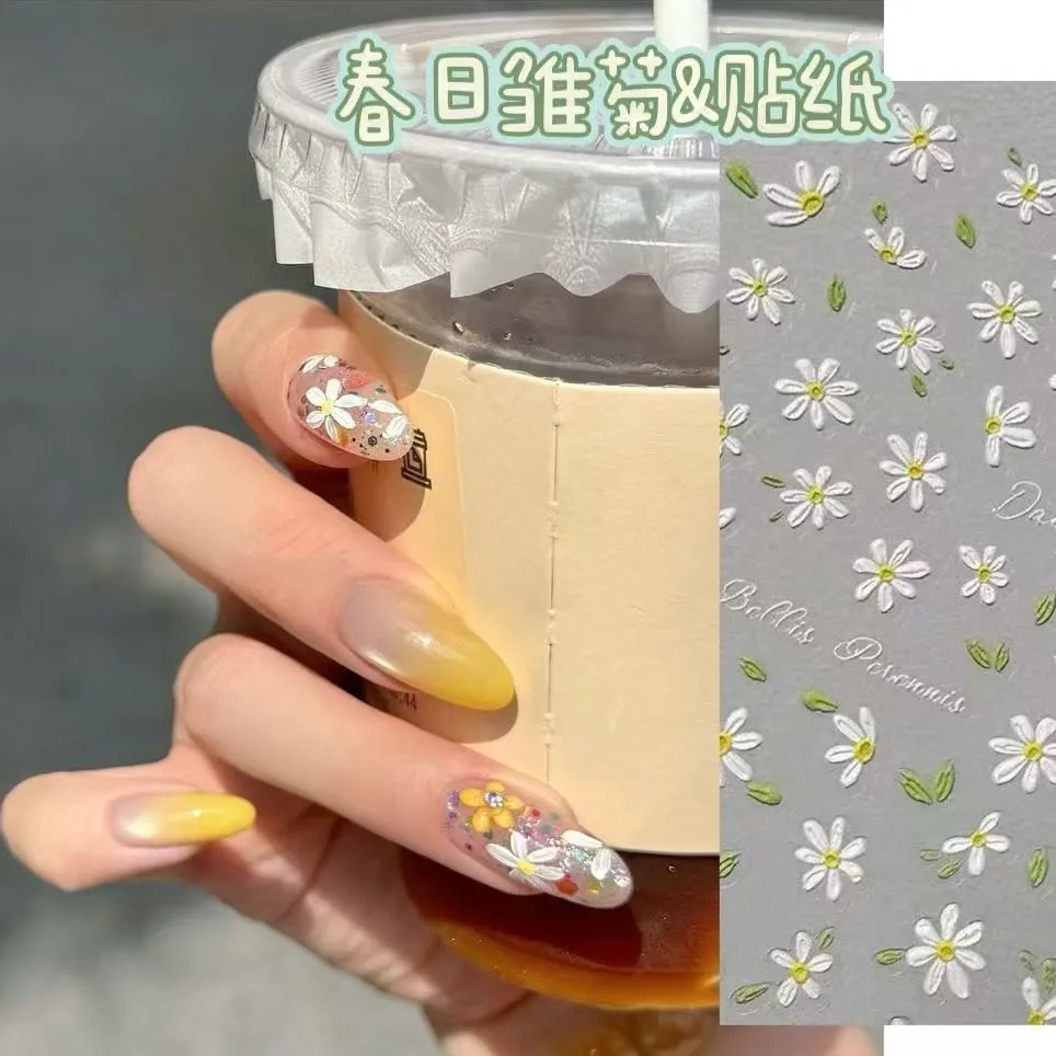 

3D Embossed Daisy Nail Stickers 2026 Spring Fresh Floral Grid Design Nail Art Decals for Women DIY Manicure Supplies