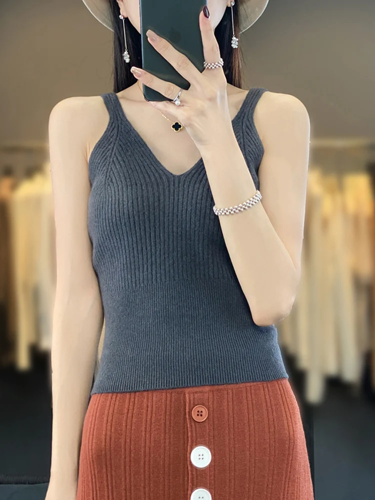 Sexy Vest Halter Tops Women's Sweater Camisole 100% Merino Wool Waistcoat Strappy Sleeveless Sweater Autumn Winter Vest Pullover