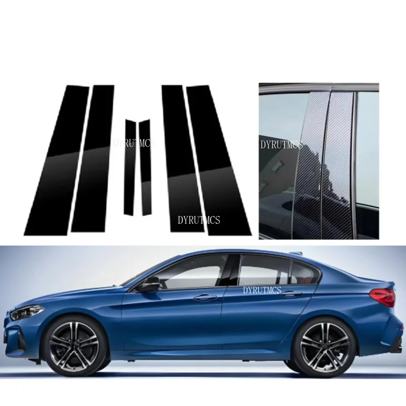 6PCS Gloss Black Trim Pillar Posts Fit For  BMW 1-Series 4-Door Sedan 2017-2023 Window Door Moulding Cover Silver Carbon