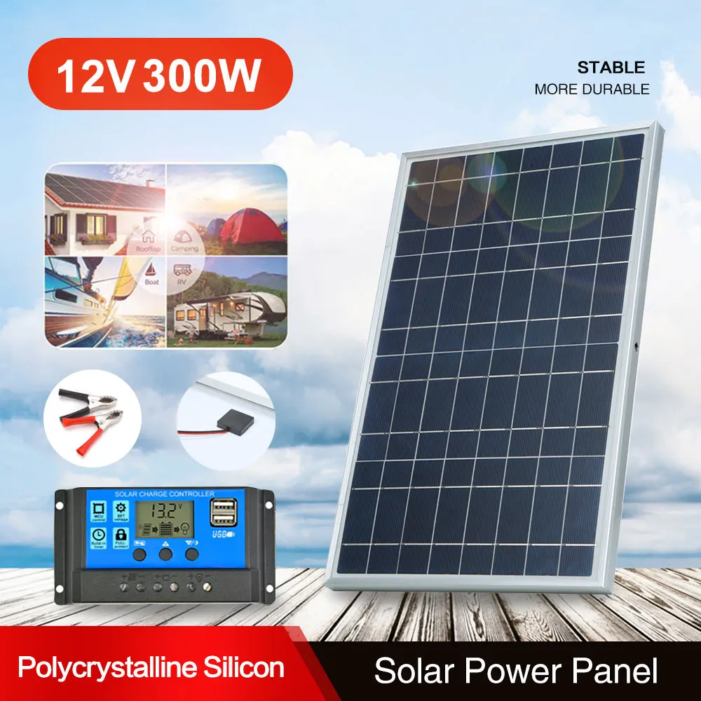 12VSolar Panel Kit Complete 300W500W Polycrystalline USB Power Portable Outdoor Rechargeable Solar Cell Solar Generator for Home