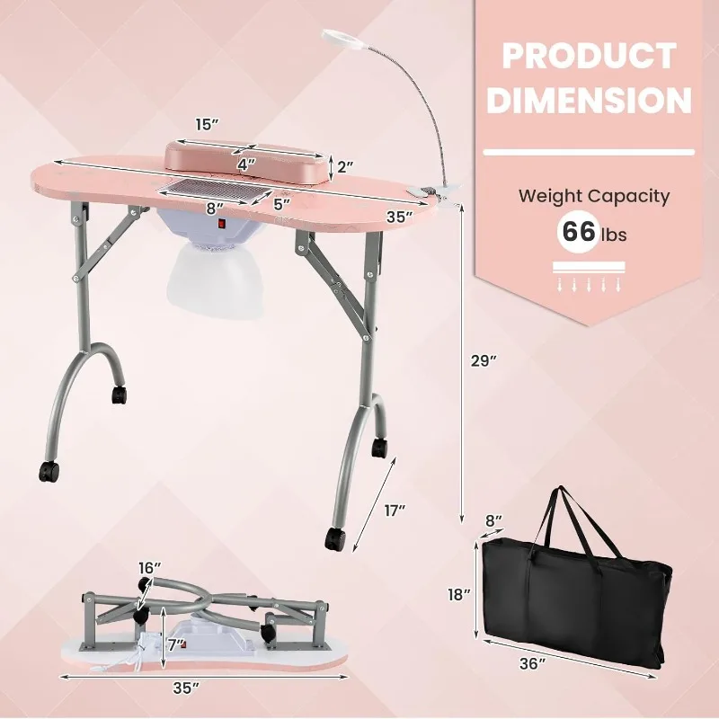 Portable Nail Table, Foldable Nail Technician Desk w/Electric Dust Collector, Bendable LED Lamp, Removable Armrest Pad