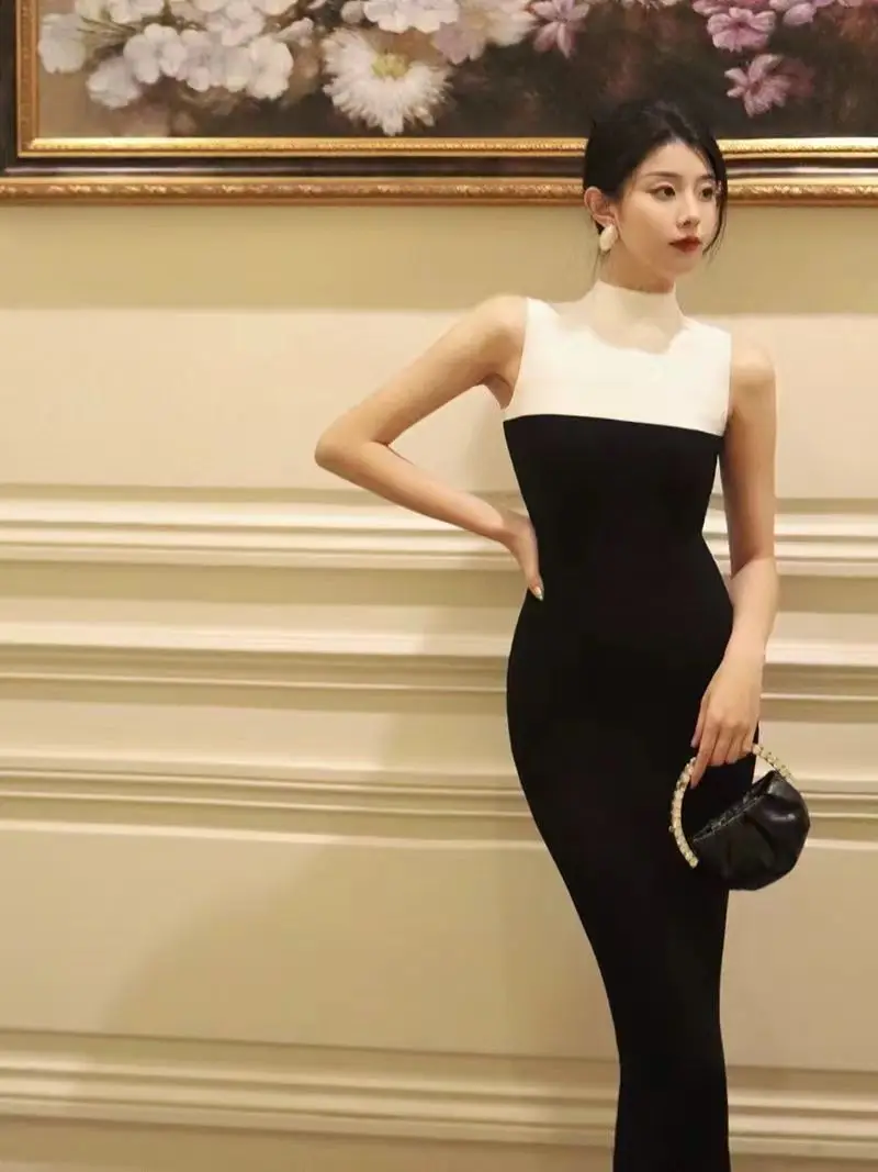 

Korean Fashion Slim Fit Dress 2024 Women's Summer Color Contrast Waistband Sleeveless Split French Style Wrapped Hip Long Dress