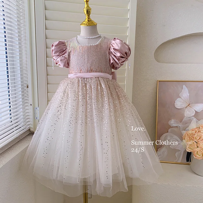 2024 Big Bow Sequin Princess Dress Stage Performance Costume Beading Elegant Girl Baby Dresses Baptism Ball Gown 2-11 Years Old