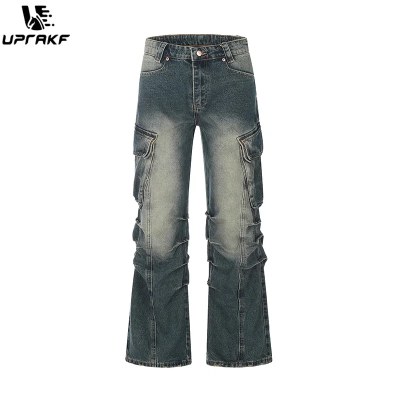 

UPRAKF Side Pockets Pleated Washed Blue Jeans Denim Autumn Basic High Street Pants Casual Pantalones Streetwear Comfort