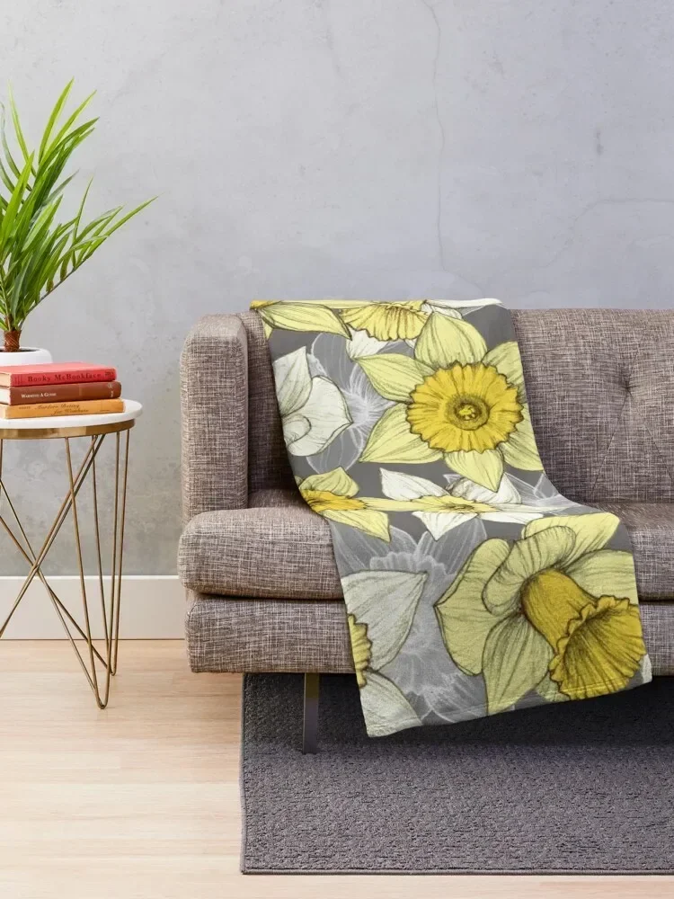 Daffodil Daze - yellow & grey daffodil illustration pattern Throw Blanket Thermals For Travel Flannel Fabric Tourist Blankets