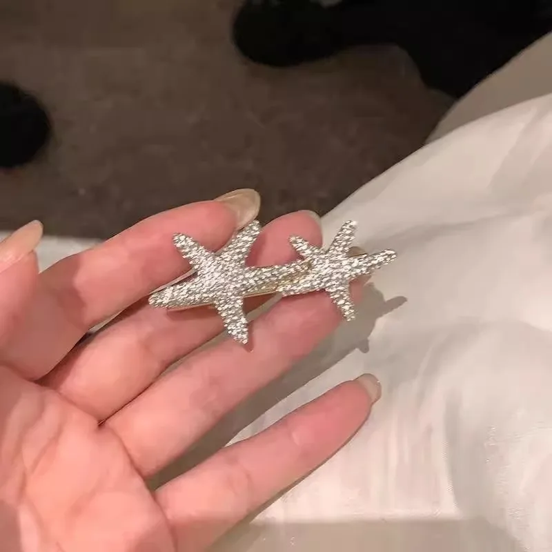 Super Shiny Zircon Starfish Hairpin for Women, Exquisite Side Bangs Clip, Unique Design Star Hair Accessory