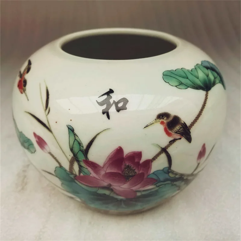 

Vintage Porcelain Flower Pot, Old Porcelain Vase, Pastel Pink Lotus and Bird Pattern, Round Storage Tank, Decorative Flower Pot