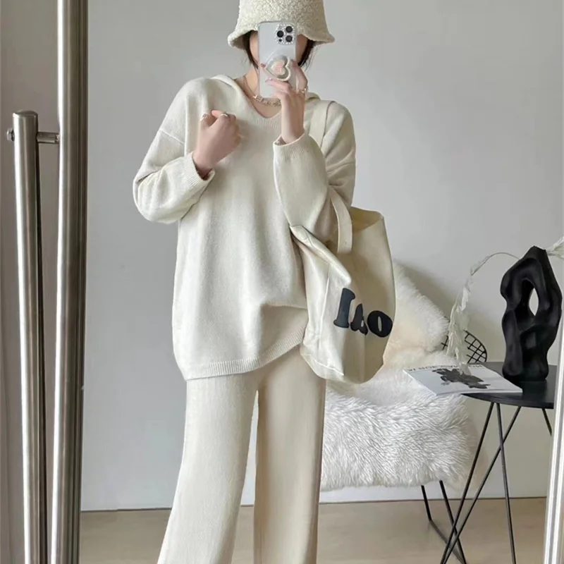 

Fashion Knitwear Set Women Autumn Winter Loose Hooded Sweater Casual Straight Wide Leg Trouser Two Piece Suit Tracksuit Z2252