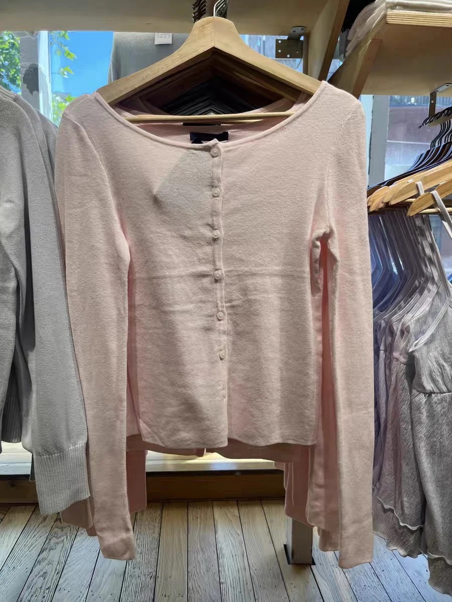 

Sweet Pink Knitted Long Sleeve T-shirt Women Autumn Sexy Scoop Neck Single Breasted Slim Tees Cute Preppy Style Solid Tshirts