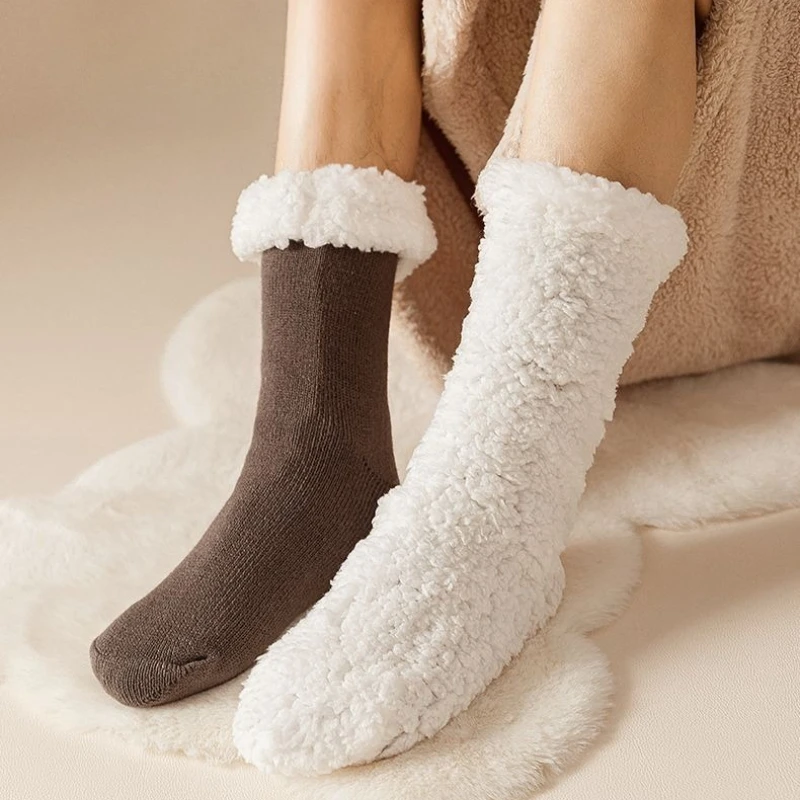 

Solid Color Men's Socks with Thick Fleece, Cold Resistant, Warm, Adhesive, Anti Slip, Mid Tube Floor Socks