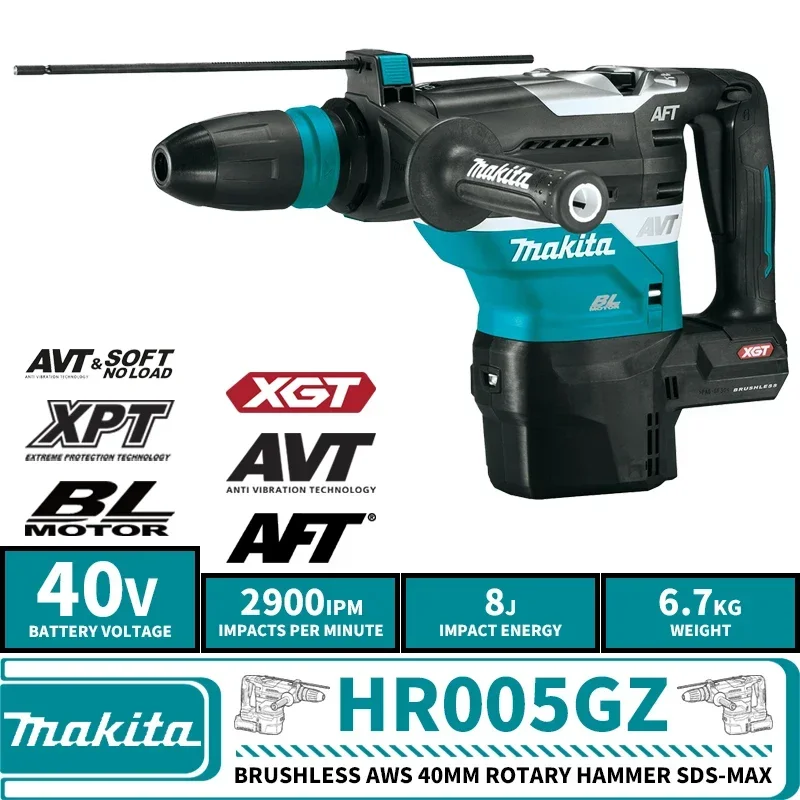 Makita HR005GZ Бесщеточный аккумуляторный AWS 40 мм перфоратор-SDS-Max XGT 40 В литиевые электроинструменты 8J 2900IPM Makita HR005GZ Бесщеточный аккумуляторный AWS 40 мм перфоратор-SDS-Max XGT 40 В литиевые электроинструменты 8J 2900IPM