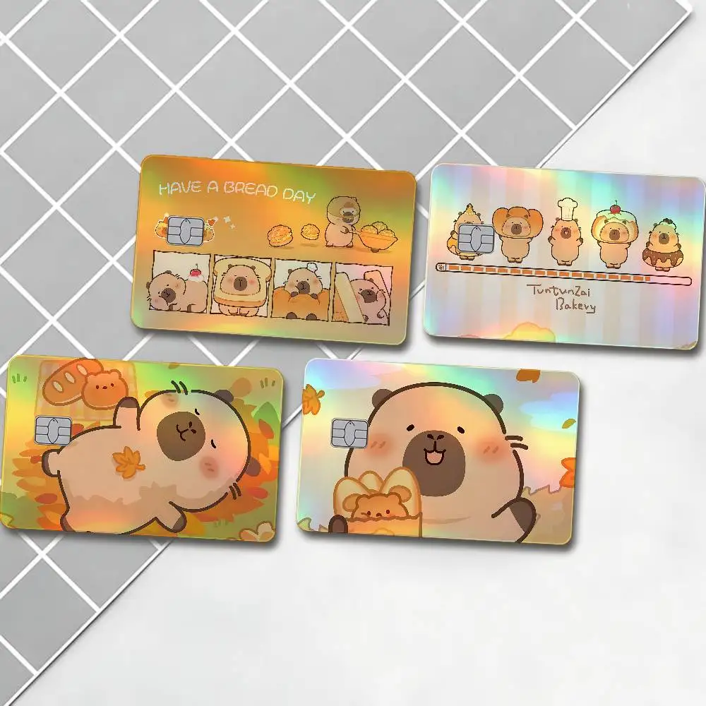 Cute Capybara Cartoon Holographic Laser Card Skin Stickers 4pcs/Set Waterproof Bank Card Protector Decal For Credit Cards
