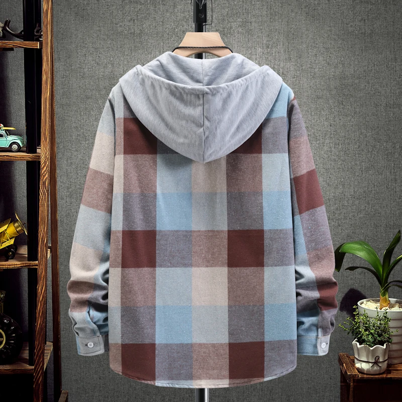 Hip Hop Hooded Shirts Men Loose Streetwear 2022 Vintage Plaid Printed Long Sleeve Checkered Shirt for Mens Hipster Blouse Tops