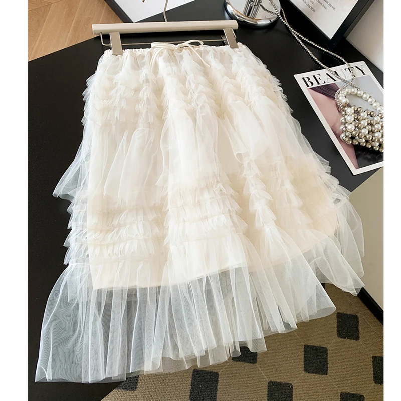 Korean Fashion Sweet Lace Mesh Skirt Knee-length Elastic High Waist Tierred Ruched Apricot Skirts Women 2026 New Summer Skirt