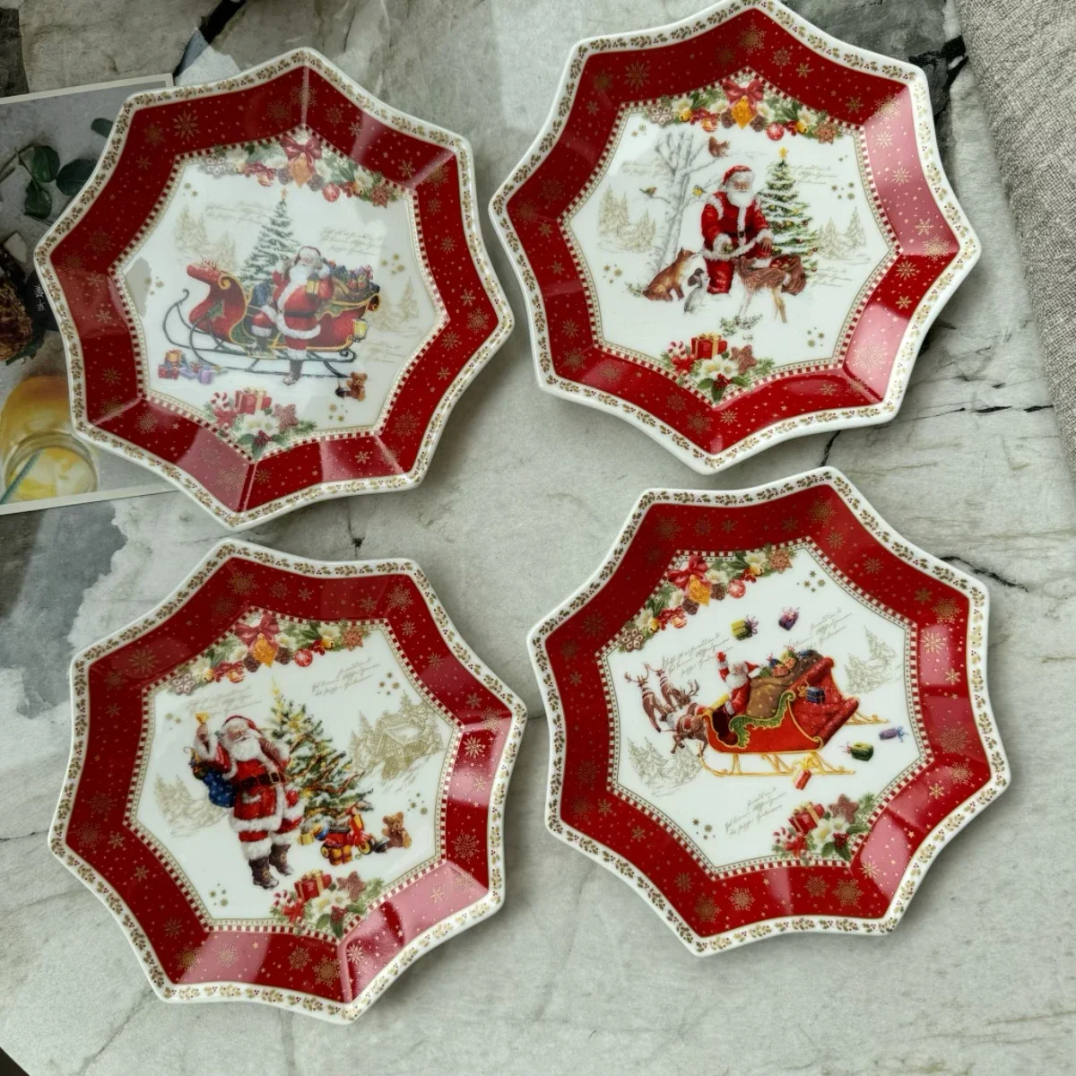 15CM Christmas 4-piece set, retro cake plate, western food plate, dim sum plate, irregular graphic plate.
