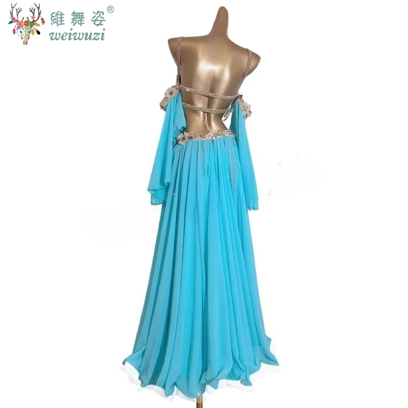 Belly Dance Popsong Suit Customization Exquisite Flowers Tassel Bra+Sleeves+Sexy Long Skirt 3pcs Dancer Performance Costumes