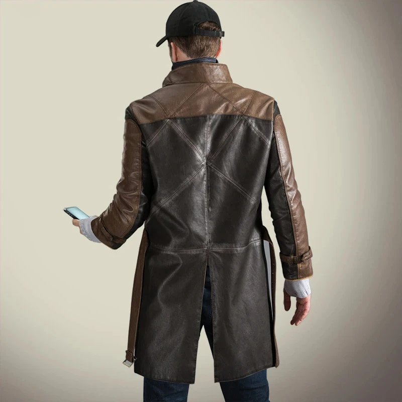Aiden Pearce Faux Leather Trench Windbreaker Game Watch Dogs Cosplay Costumes Role Play Coat Sweater Hat For Mane;5'b\7/m' view 2