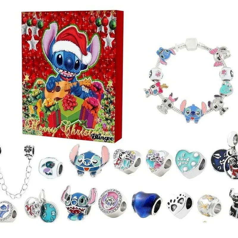 2024 Stitch Mickey Christmas Advent Calendar Disney Bracelets Xmas Countdown Calendar Diy Jewelry Making Kit Girls Surprise Gift