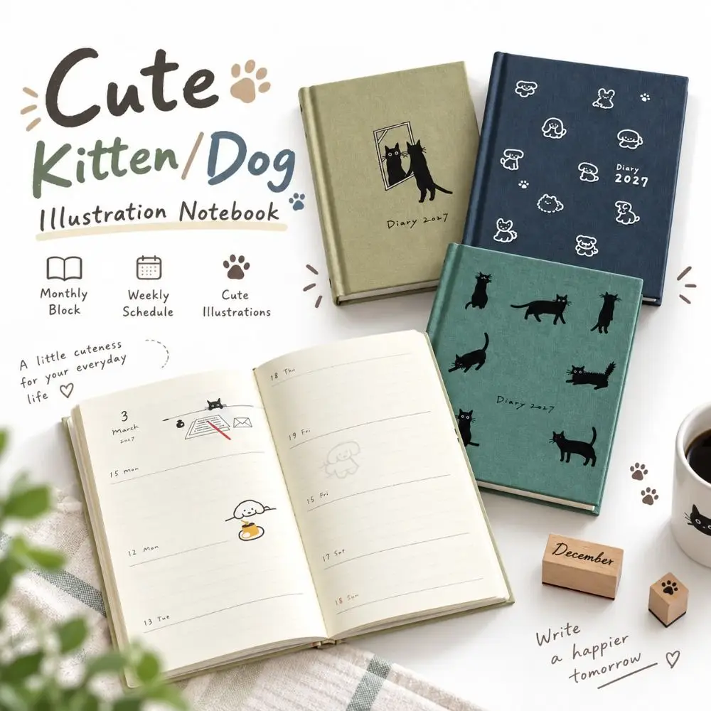 Kitten/Puppy Illustration 2027 Schedule Book Hard Shell Hardcover Illustration Notebook To Do List Daily Planner School Office