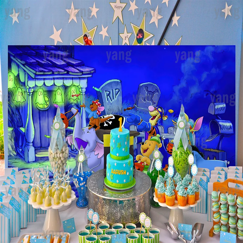 Disney Cartoon Halloween Party Decoratie Iejoor Winnie Beer Tigger Knorretje Eeyore Pompoen Blauw Foto Achtergrond Achtergrond Banner