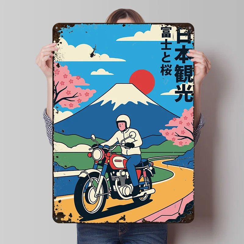 Motorcyclist Rides Past Mount Fuji Printed Poster Customized Retro Wall Art Vintage Metal Tin Signs for Home Decoration Luxury