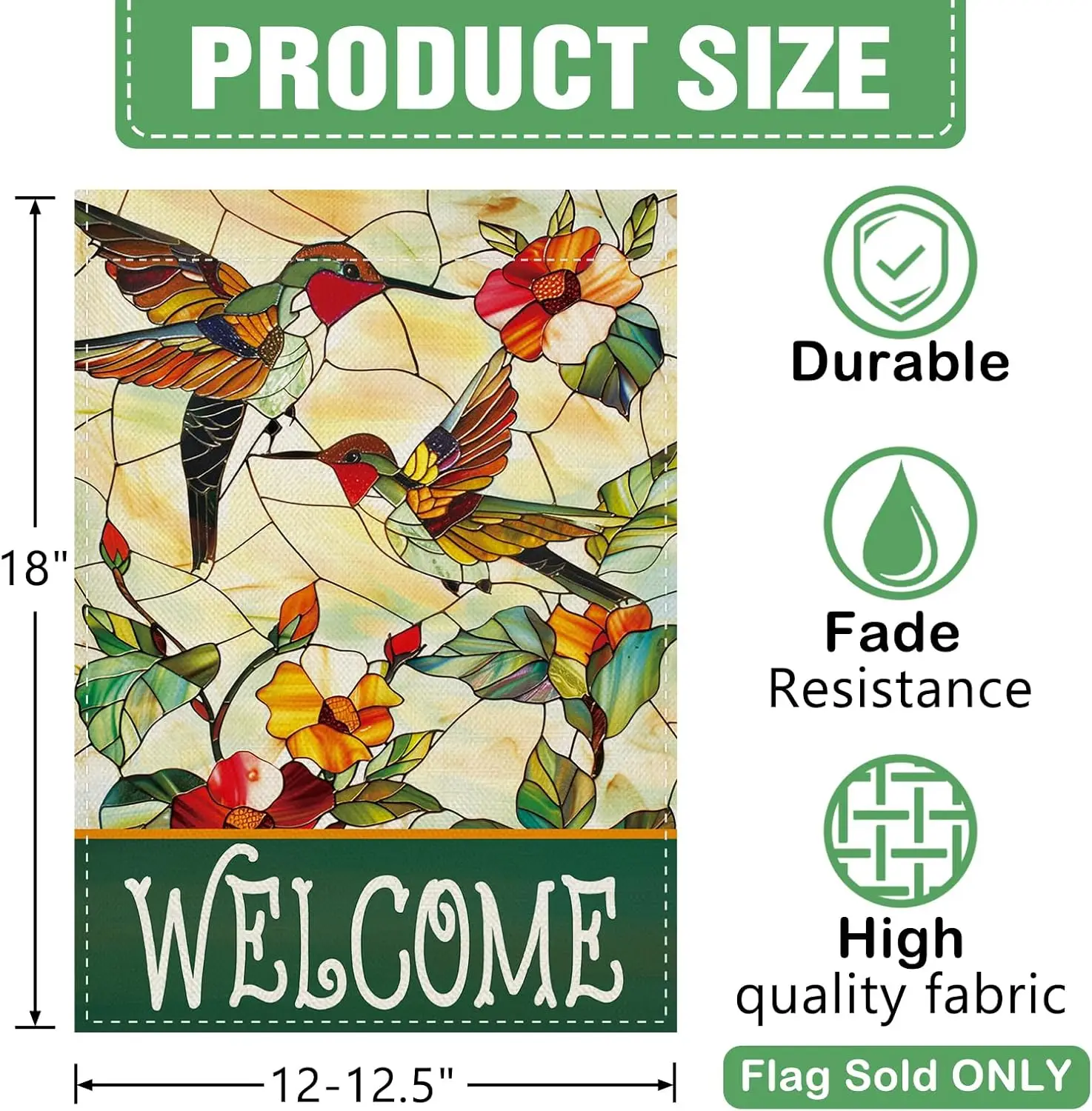 Dyrenson Welcome Spring Summer Hummingbird Flower Decorative Garden Flag, Colorful Stained Glass Window Floral Yard Outside  AAS
