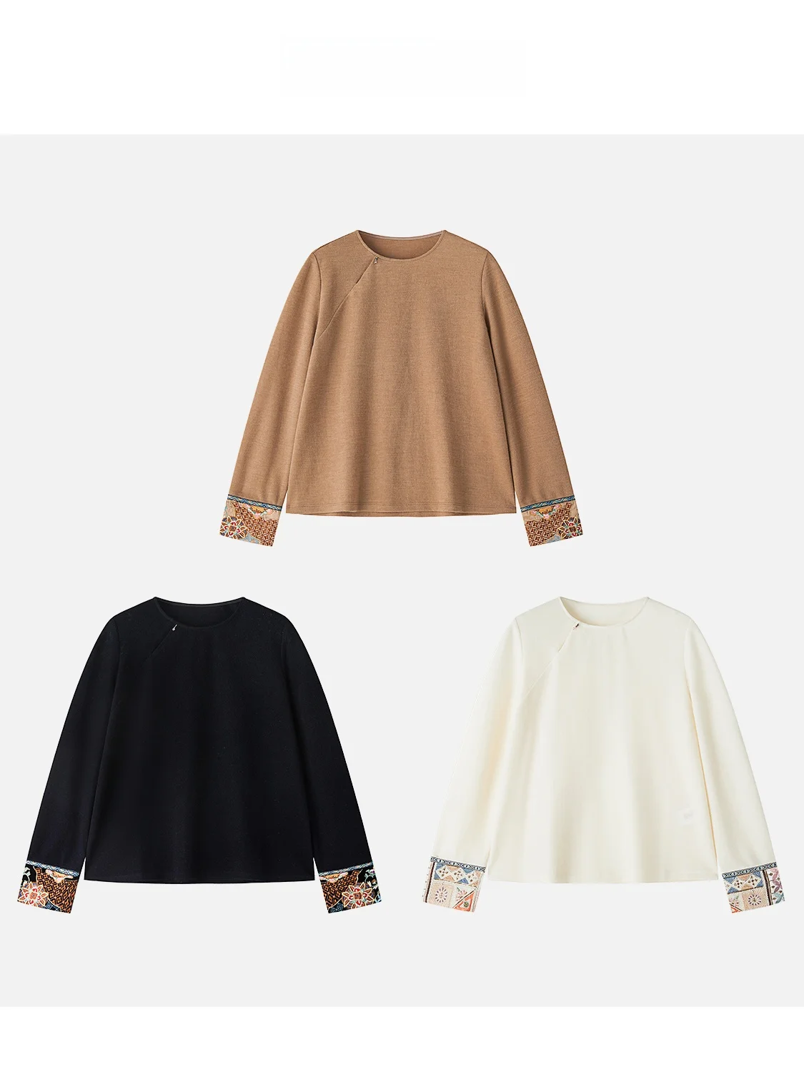 

Новинка JINGJING2025: Женский топ из шерстяной смеси с вышивкой, круглым вырезом и манжетами в китайском стиле