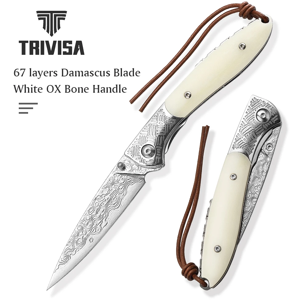 

TRIVISA Folding Pocket Knife，3.15" Handmade Damascus Paring Knives Gift for Men，EDC Camping Tool，OX Handle，Piscis Austrinus-02W