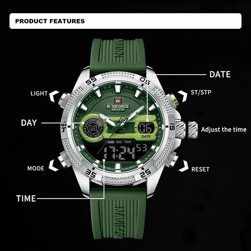 NAVIFORCE-Reloj de pulsera deportivo luminoso para hombre, cronógrafo de cuarzo con correa de silicona salvaje, resistente al agua, doble pantalla,