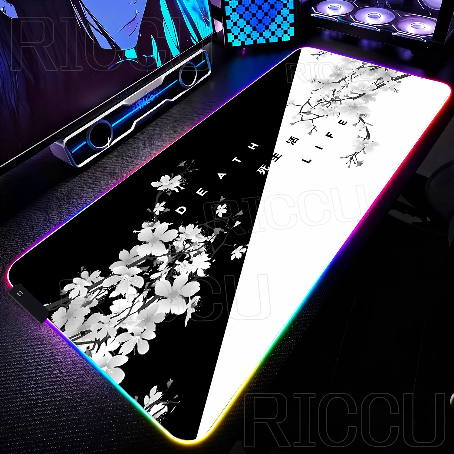 

RGB 900x400mm Black white Sakura flower Gaming Mouse Pad Office Carpet PC Accessories Cherry Blossom Mousepad Gamer LED DeskMat